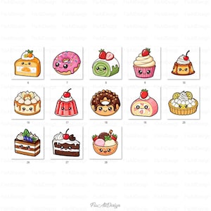 May include: A collection of colorful, cartoon-style illustrations of various desserts, including cakes, donuts, cupcakes, and ice cream. Each dessert has a cute, smiling face and is decorated with fruits and toppings. The image includes the text "Fia Ali Design".