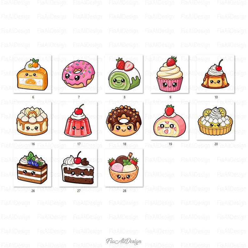 May include: A collection of colorful, cartoon-style illustrations of various desserts, including cakes, donuts, cupcakes, and ice cream. Each dessert has a cute, smiling face and is decorated with fruits and toppings. The image includes the text "Fia Ali Design".