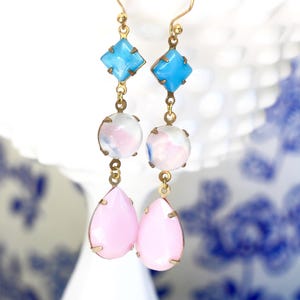 Pink White Blue Vintage Moonstone Drop Dangle Earrings - Wedding, Bridal, Bridesmaid, Vintage Bride, Bride
