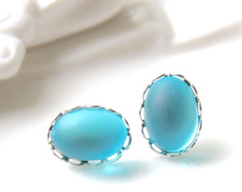 Aqua Blue Oval Silver Post Earrings - Wedding,Bridal, Bridesmaid