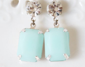 Mint Green Alabaster Swarovski Rhinestone Drop Dangle Earrings - Wedding, Bridal, Bridesmaid