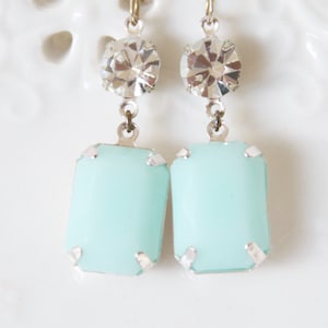 Mint Green Alabaster Swarovski Rhinestone Drop Dangle Earrings - Wedding, Bridal, Bridesmaid