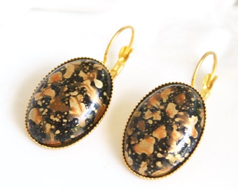 Black and Gold Vintage Oval Drop Dangle Earrings ~ Wedding, Bridal, Party