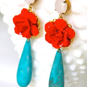 Vintage Cherry Red Flower White Opal Turquoise Teardrop Drop Dangle Statement Earrings Wedding, Bridal, Bridesmaid,Statement,One of a kind image 3