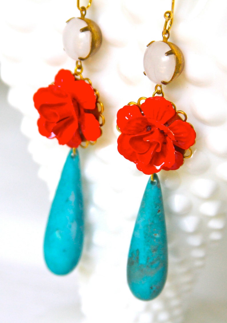 Vintage Cherry Red Flower White Opal Turquoise Teardrop Drop Dangle Statement Earrings Wedding, Bridal, Bridesmaid,Statement,One of a kind image 3