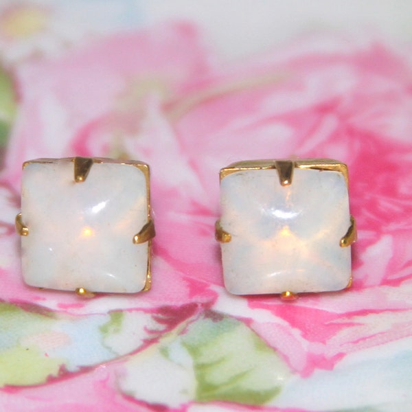 Vintage Opal White Square Glass Stone Brass Gold Rhinestone Post Earrings - Bridesmaids, Bridal, Wedding