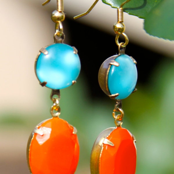 Vintage Tangerine Citrus Orange Faceted Oval Stone and Aqua Blue Moonstone Dangle Earrings