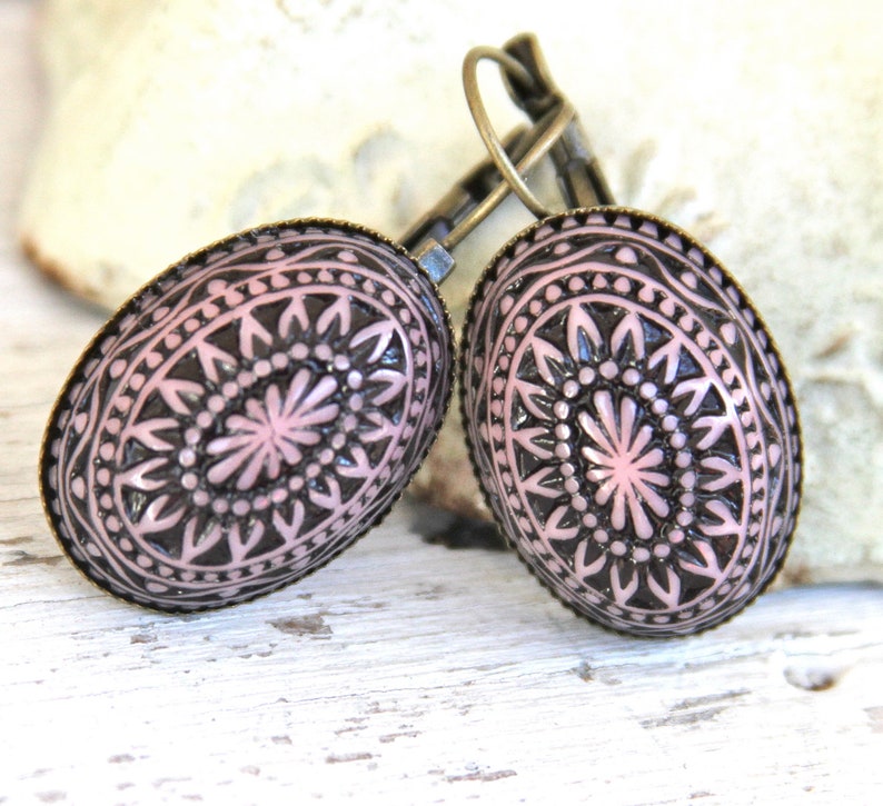 Pink and Black Oval Mosaic Drop Earrings Southwestern Bohemian Oval Antiqued Brass Lever Back Drop Dangle Earrings Western, Wedding image 3