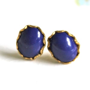 Vintage Navy Blue Oval Glass Gold Brass Scalloped Rhinestone Post Earrings - Wedding, Bridal, Bridesmaid, Holiday