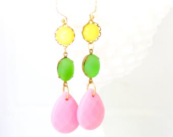 Lime Green Oval Pink Pear Teardrop Yellow Moonstone  Vintage Drop Dangle Earrings - Wedding, Bridal, Bridesmaids, Honeymoon