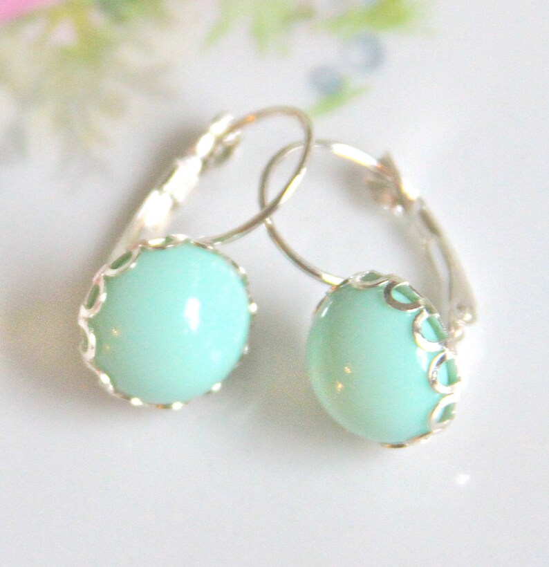 Mint Green Round Pastel Silver Scalloped Alabaster Lacy Edge Lever Back Drop Dangle Earrings Wedding, Bridesmaid,Bride, Beach image 3