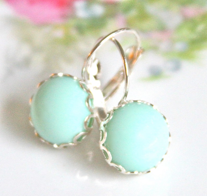 Mint Green Round Pastel Silver Scalloped Alabaster Lacy Edge Lever Back Drop Dangle Earrings Wedding, Bridesmaid,Bride, Beach image 1