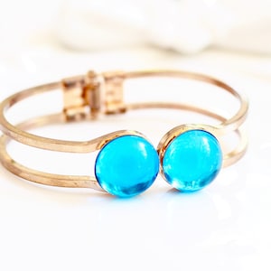 Aqua Blue Gold Bangle Bracelet Vintage Glass Bangle Bracelet - Wedding, Bridal, Bridesmaid, Silver, Gold, Rose Gold