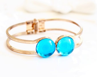Aqua Blue Gold Bangle Bracelet Vintage Glass Bangle Bracelet - Wedding, Bridal, Bridesmaid, Silver, Gold, Rose Gold
