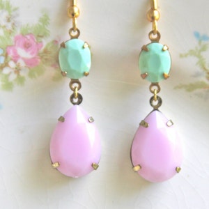 Vintage Pink Pear Pastel Tear Drop Mint Green Oval Drop Dangle Earrings - Bridal Earrings,Pastel Earrings,, Bridesmaid Earrings