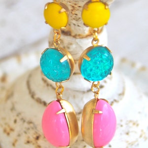 Vintage Aqua Blue Pink Bright Yellow Statement Earrings Yellow Textured Aqua Blue Pink Pear Teardrop Rhinestone Dangle Earrings Wedding image 2