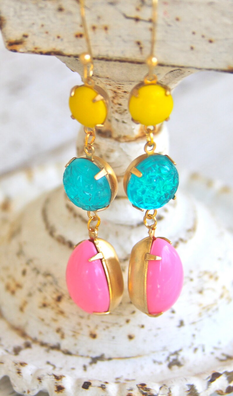 Vintage Aqua Blue Pink Bright Yellow Statement Earrings Yellow Textured Aqua Blue Pink Pear Teardrop Rhinestone Dangle Earrings Wedding image 2