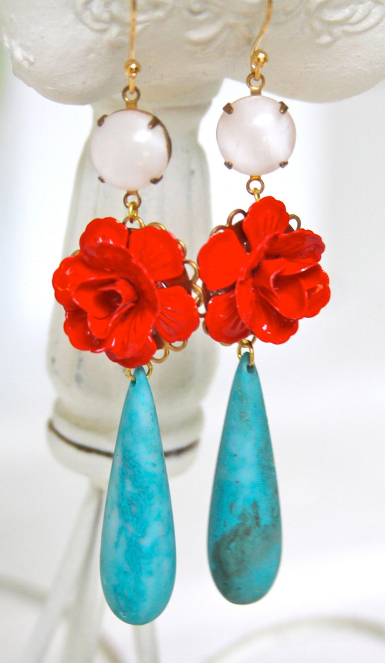 Vintage Cherry Red Flower White Opal Turquoise Teardrop Drop Dangle Statement Earrings Wedding, Bridal, Bridesmaid,Statement,One of a kind image 4