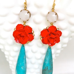 Vintage Cherry Red Flower White Opal Turquoise Teardrop Drop Dangle Statement Earrings Wedding, Bridal, Bridesmaid,Statement,One of a kind image 1