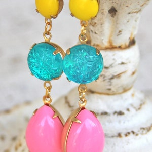 Vintage Aqua Blue Pink Bright Yellow Statement Earrings Yellow Textured Aqua Blue Pink Pear Teardrop Rhinestone Dangle Earrings Wedding image 1