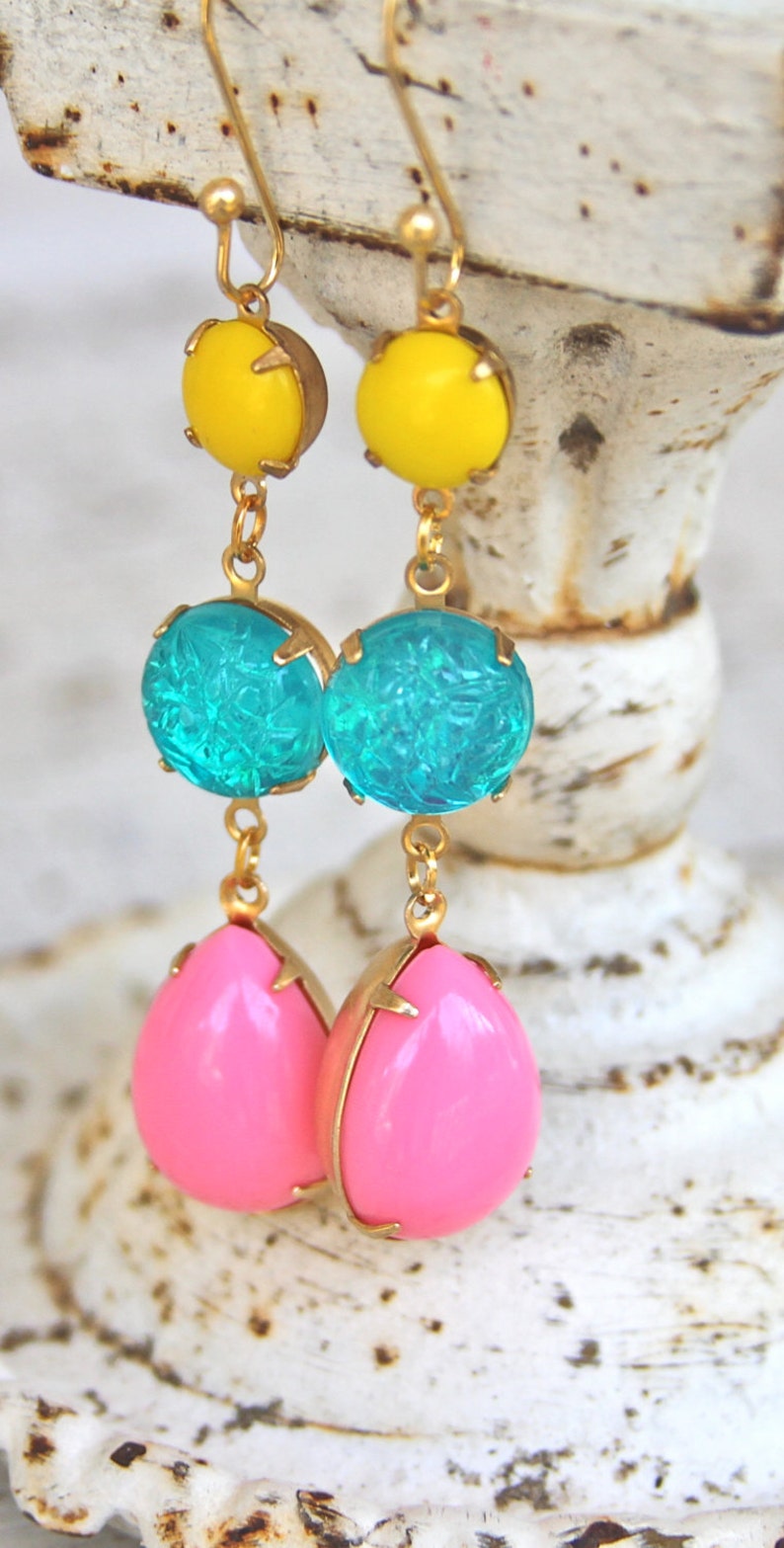 Vintage Aqua Blue Pink Bright Yellow Statement Earrings Yellow Textured Aqua Blue Pink Pear Teardrop Rhinestone Dangle Earrings Wedding image 1