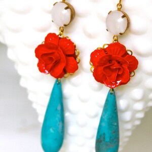 Vintage Cherry Red Flower White Opal Turquoise Teardrop Drop Dangle Statement Earrings Wedding, Bridal, Bridesmaid,Statement,One of a kind image 2