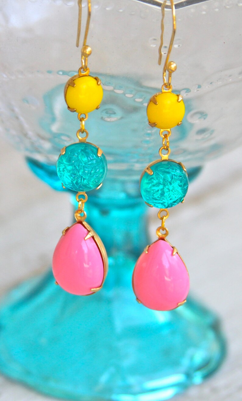 Vintage Aqua Blue Pink Bright Yellow Statement Earrings Yellow Textured Aqua Blue Pink Pear Teardrop Rhinestone Dangle Earrings Wedding image 3