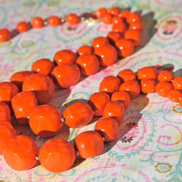 Vintage Orange Chunky Beaded Double Strand OOAK Statement Choker Style Necklace