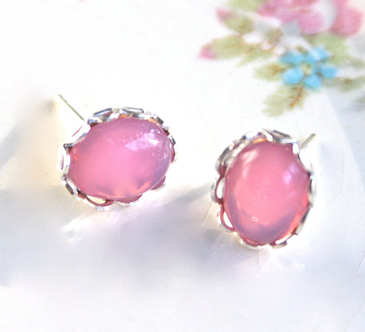 Pink Opal Glass Oval Silver Scalloped Rhinestone Post Earrings | Etsy