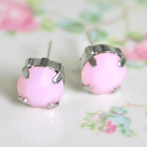 Swarovski Pink Alabaster Rhinestone Round Silver Rhinestone Post Earrings - Wedding, Bridal, Bridesmaid, Beach