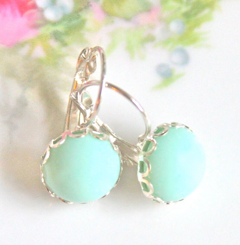 Mint Green Round Pastel Silver Scalloped Alabaster Lacy Edge Lever Back Drop Dangle Earrings Wedding, Bridesmaid,Bride, Beach image 2