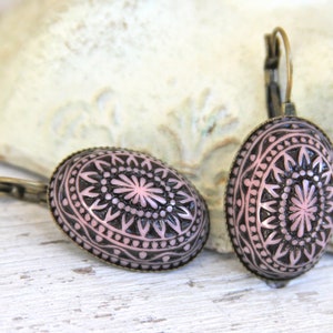 Pink and Black Oval Mosaic Drop Earrings Southwestern Bohemian Oval Antiqued Brass Lever Back Drop Dangle Earrings Western, Wedding image 1