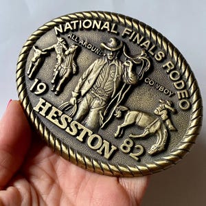 Vintage Rodeo Belt Buckles, Collectible Hesston 1982 National Finals Rodeo Buckle, Western Americana Style Buckle, 1980s Belt Buckles
