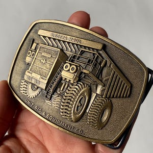 Vintage Brass Collectible Belt Buckle, Mining Buckles, Industrial Style Buckle, LEctra Haul Unit Rig & Equipment Co Dump Truck Buckle