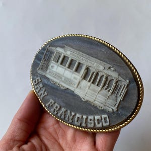 Vintage San Francisco Cable Car Belt Buckle: Incolay Stone, Collectible Accessory