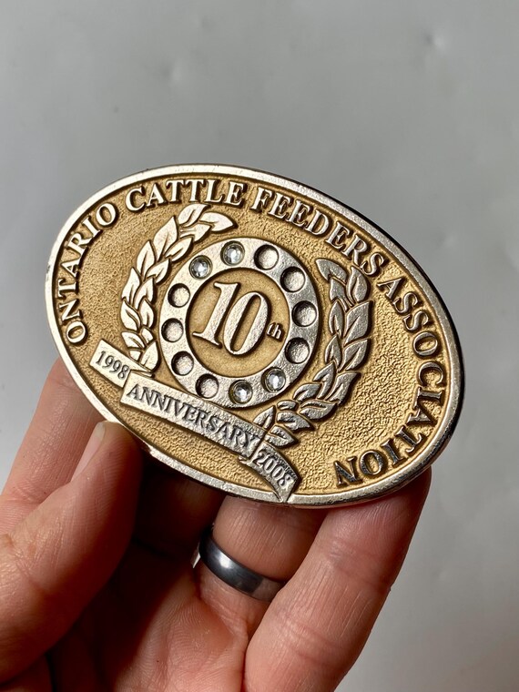 Vintage Ontario Cattle Feeders Belt Buckle: 10yr Anniversary, Agriculture Theme