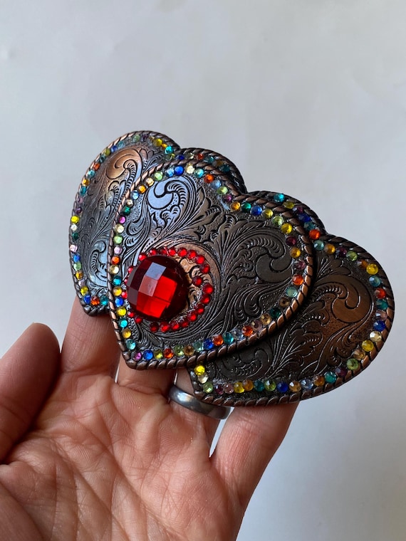 Vintage Rhinestone Hearts Belt Buckle: Bejeweled Collectible  display picture 1