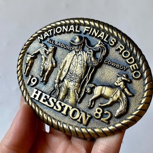 Vintage Rodeo Belt Buckles, Collectible Hesston 1982 National Finals Rodeo Buckle, Western Americana Style Buckle, 1980s Belt Buckles