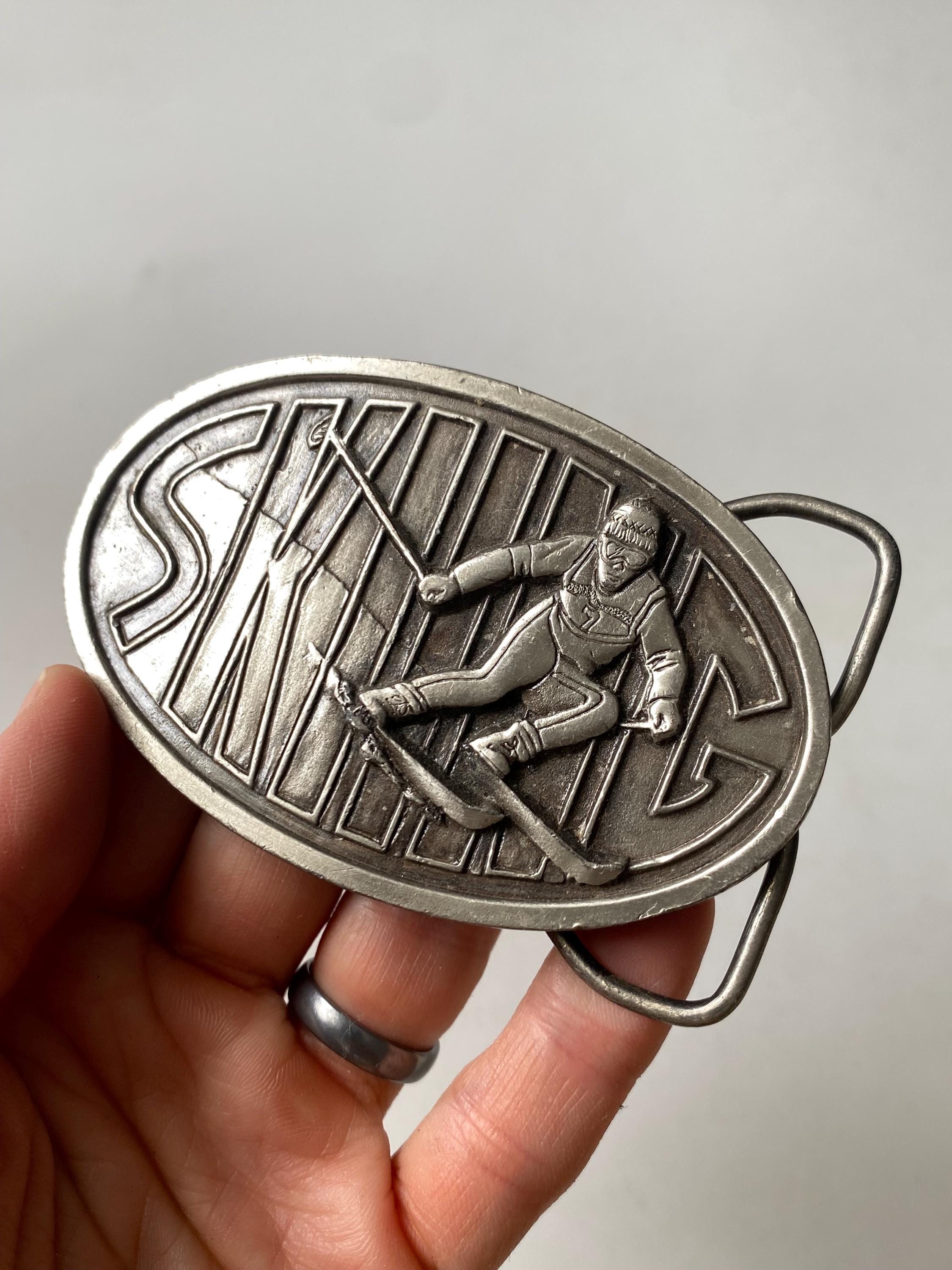 1978 women skier heavy brass buckle, USA made Vintage Ski Belt Buckle - Etsy main image 2