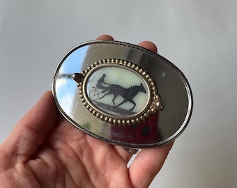 Vintage Original Miniature Painting Sulky Harness Racing Cabochon Art Belt Buckle