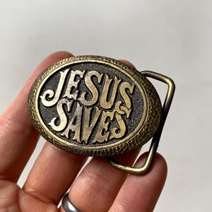 Vintage 70’s Jesus Saves Christian Fish Brown Leather Tooled Belt Jesus fish belt - Gem main image 3