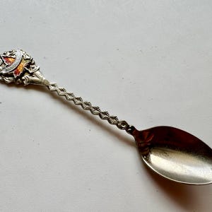 Può includere: Un cucchiaio d'argento con un manico decorativo e un gambo attorcigliato. Il manico presenta un emblema colorato con accenti rossi, arancioni e bianchi. La coppetta del cucchiaio è di forma ovale e lucidata.