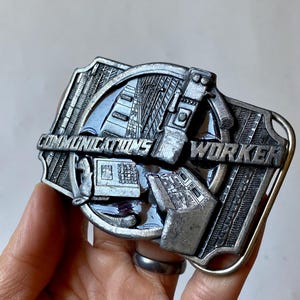 Vintage Pewter Communications Worker Belt Buckle: 1990s Industrial Theme