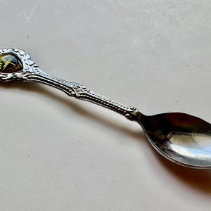 May include: A decorative silver spoon with an ornate handle and a small, colourful emblem at the top. The spoon's bowl is polished and reflective. The emblem features a design with yellow, green, and black colours.