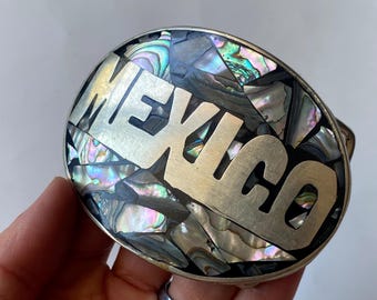 Vintage Mexico Abalone Shell Belt Buckle: Alpaca Silver Inlay Art