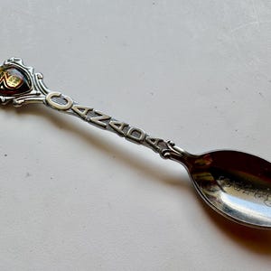 May include: Silver souvenir spoon with the word "CANADA" on the handle. The spoon's decorative top features a crest with the words "Alberta 1905 1985". The spoon's bowl has the word "Banff" engraved on it.