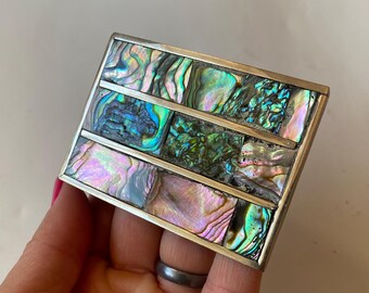 Vintage Mexican Alpaca Silver Belt Buckle: Abalone & Mother  display picture 3