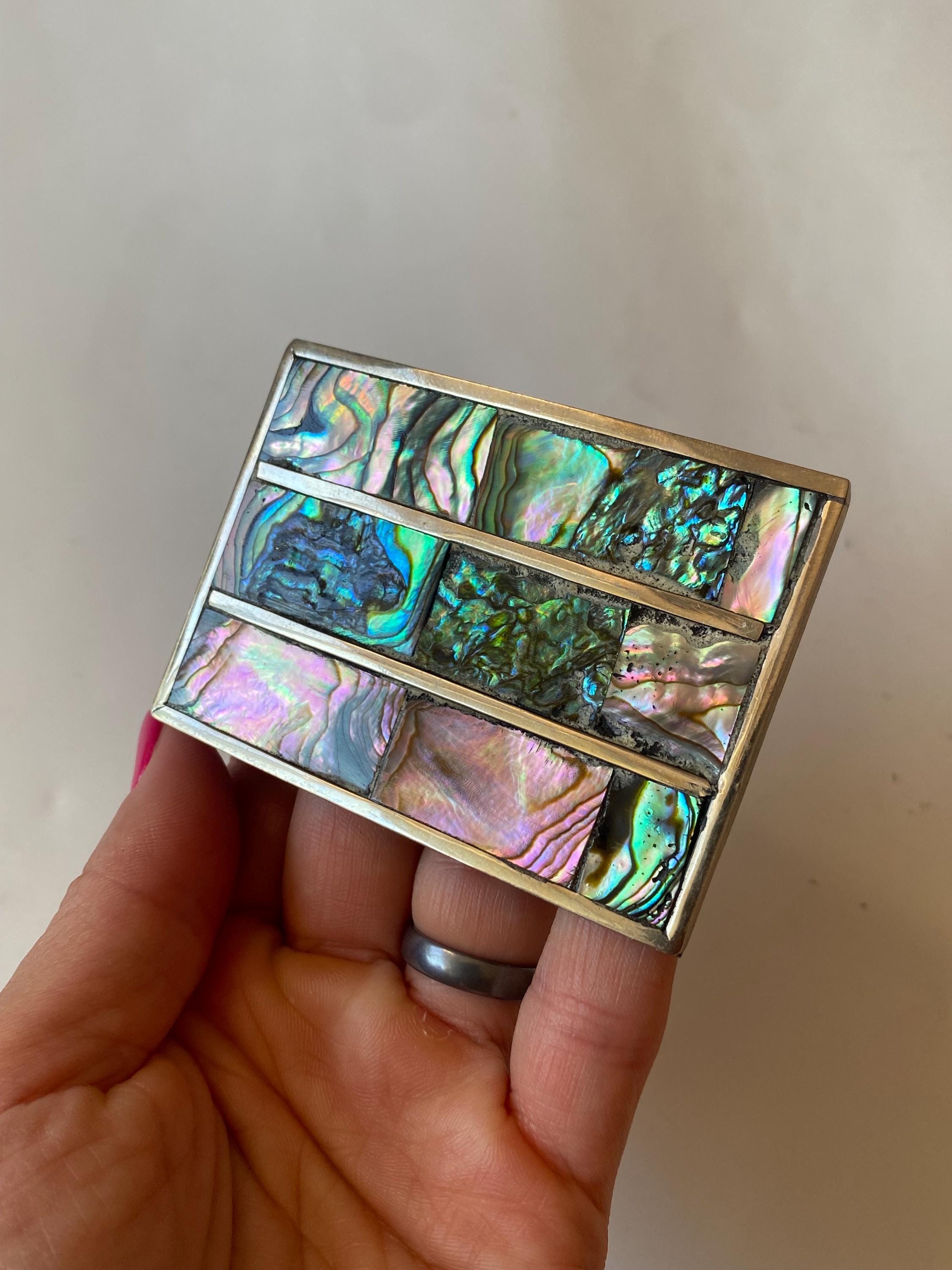Silver Rectangular Belt Buckle with Cactus Design Mexican Mother Of Pearl In Lay Nopal Cactus Belt Buckle – Clementine & Co. Jewelry main image 3