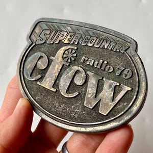 Vintage Collectible Buckles, Super Country Radio Buckle, CFCW Radio 79 Buckle, Music Theme Brass Buckle, Collectible Accessories