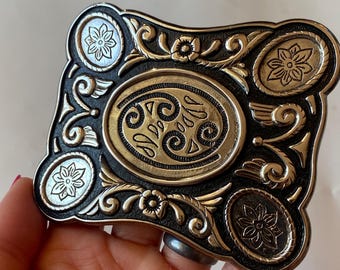 Ornate Filigree Round Belt Buckle Silver Tone Ornate 